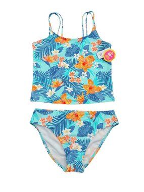 The Children's Place Girls' 2-Piece Tankini Swimsuit XXL/16 Blue Orange Floral